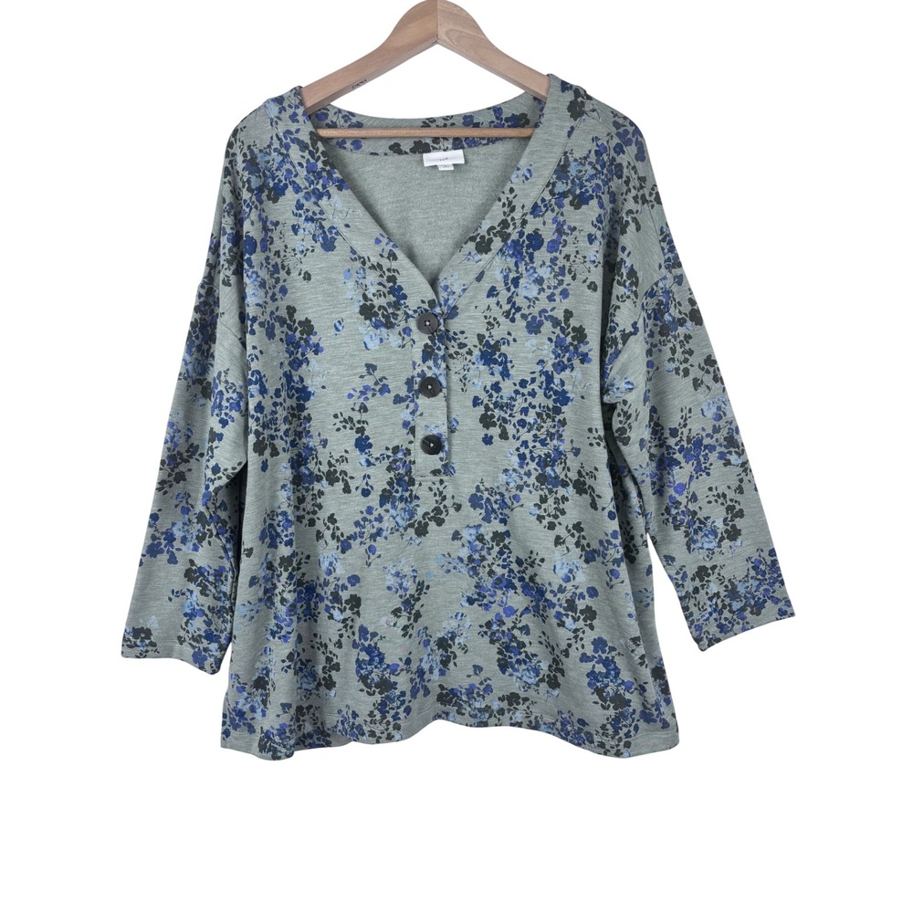 J. Jill Floral Henley Top Size XL Petite Blue Gray Long Sleeve Stretch Knit Norm